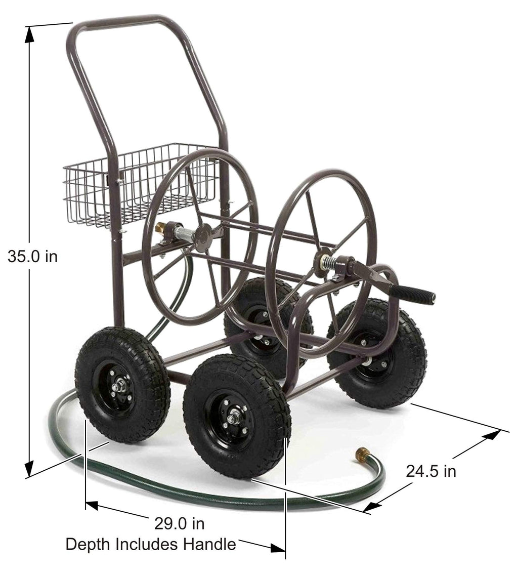 Four Wheel 250 Foot Capacity Steel Frame Water Hose Reel Cart with Basket B37185