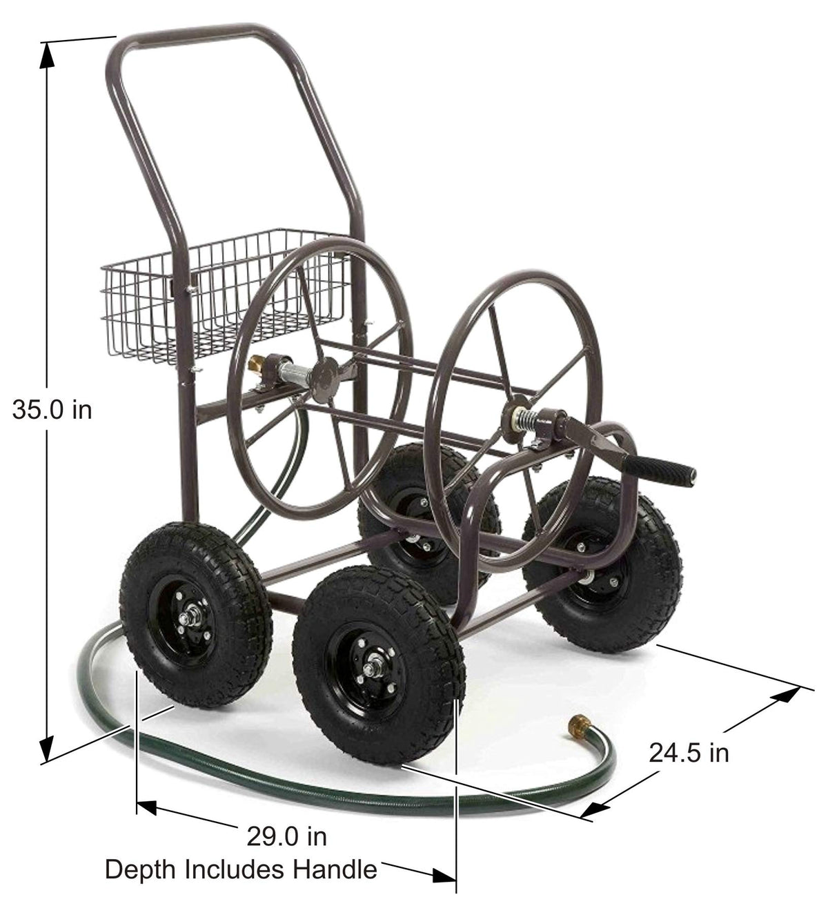 Four Wheel 250 Foot Capacity Steel Frame Water Hose Reel Cart with Basket B37185
