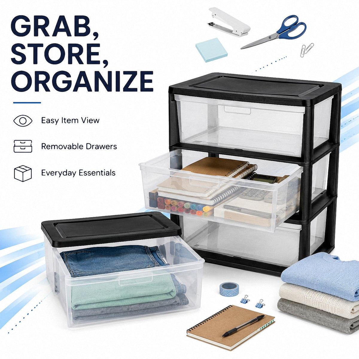 Black 3 Drawer Plastic Storage Tower T51291