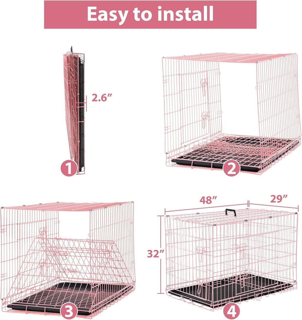 48 Inch Extra Large Pink Folding Metal Wire Dog Crate with Divider Panel F6087