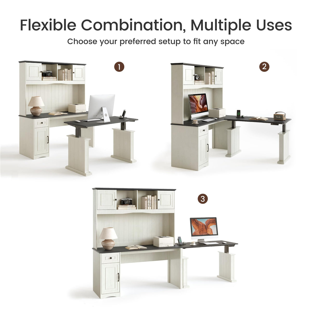 L Shaped Electric Standing Desk with Hutch and Drawers, Antique White P3241