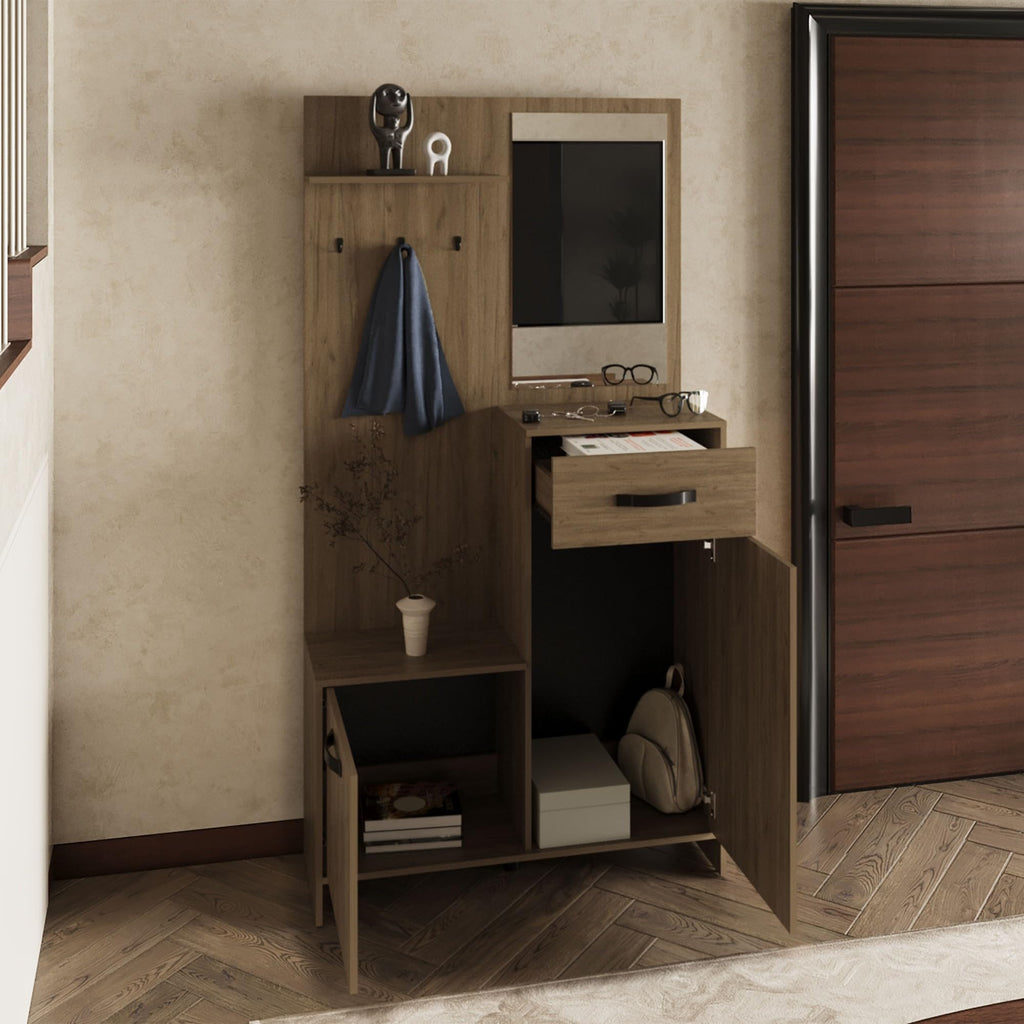 75" Tall Mirrored Console Table with Three Shelves, Two Cabinets, One Drawer N8575