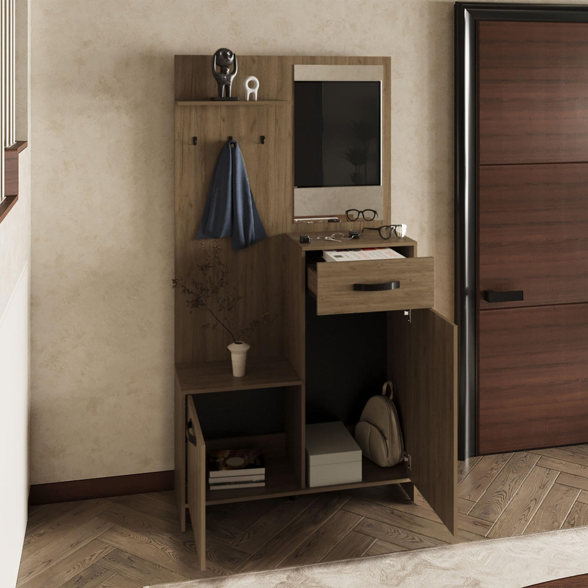 75" Tall Mirrored Console Table with Three Shelves, Two Cabinets, One Drawer N8575