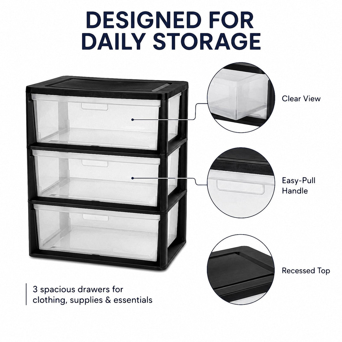 Black 3 Drawer Plastic Storage Tower T51291