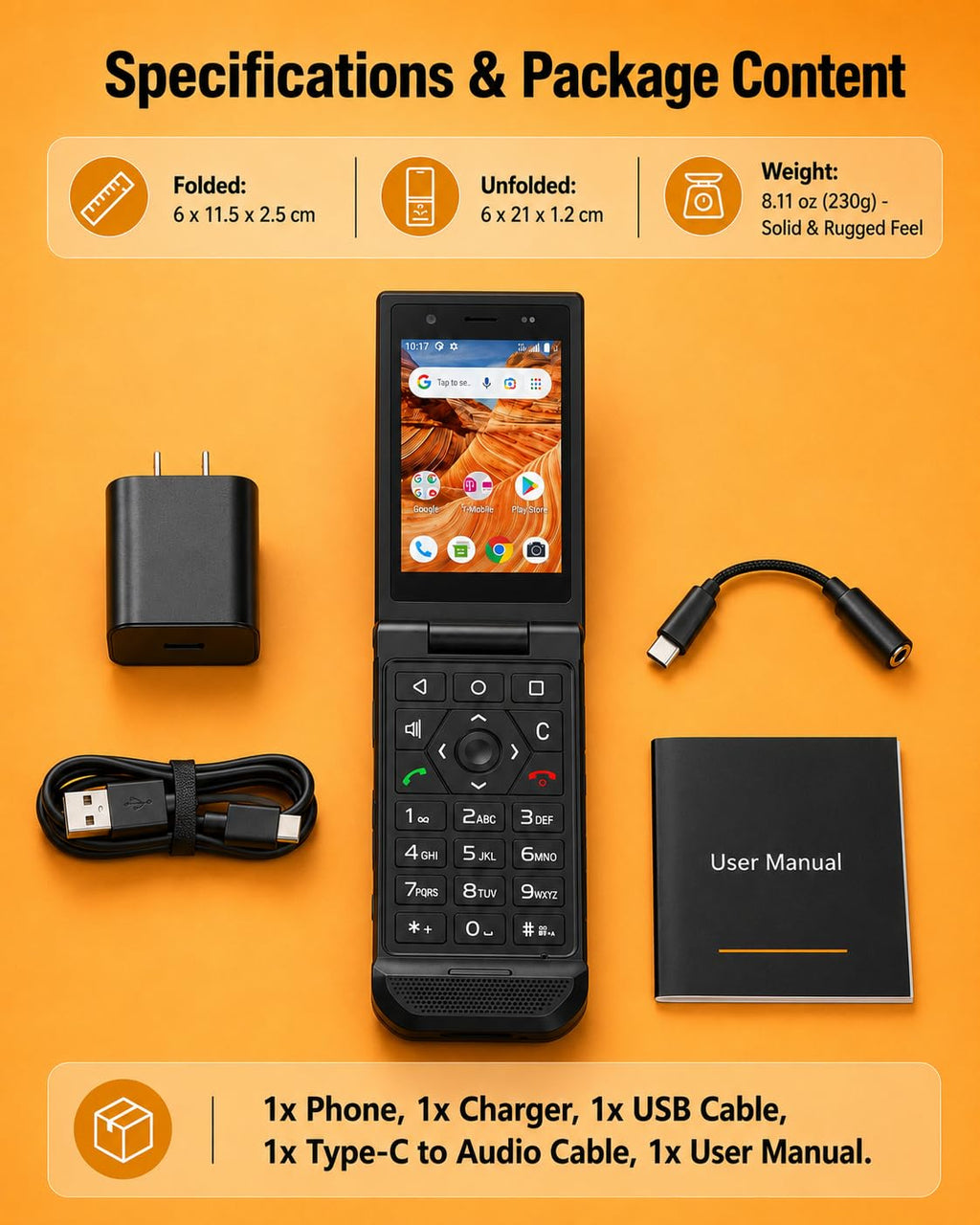 16GB Rugged Touchscreen Android 11 IP68 Water Resistant 4G LTE Flip Phone W5493