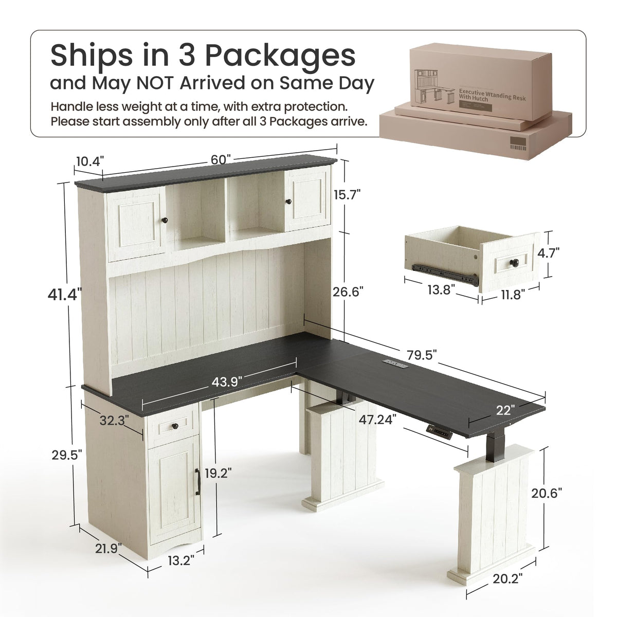 L Shaped Electric Standing Desk with Hutch and Drawers, Antique White P3241