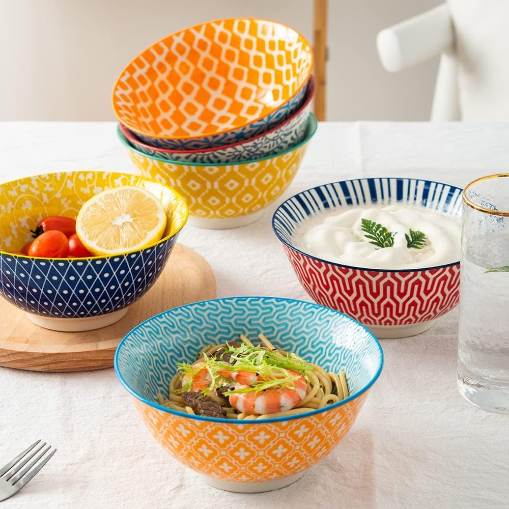 Ceramic Bowls Set 30 oz Assorted Colorful Set of 6 Microwave Dishwasher Safe Y5620