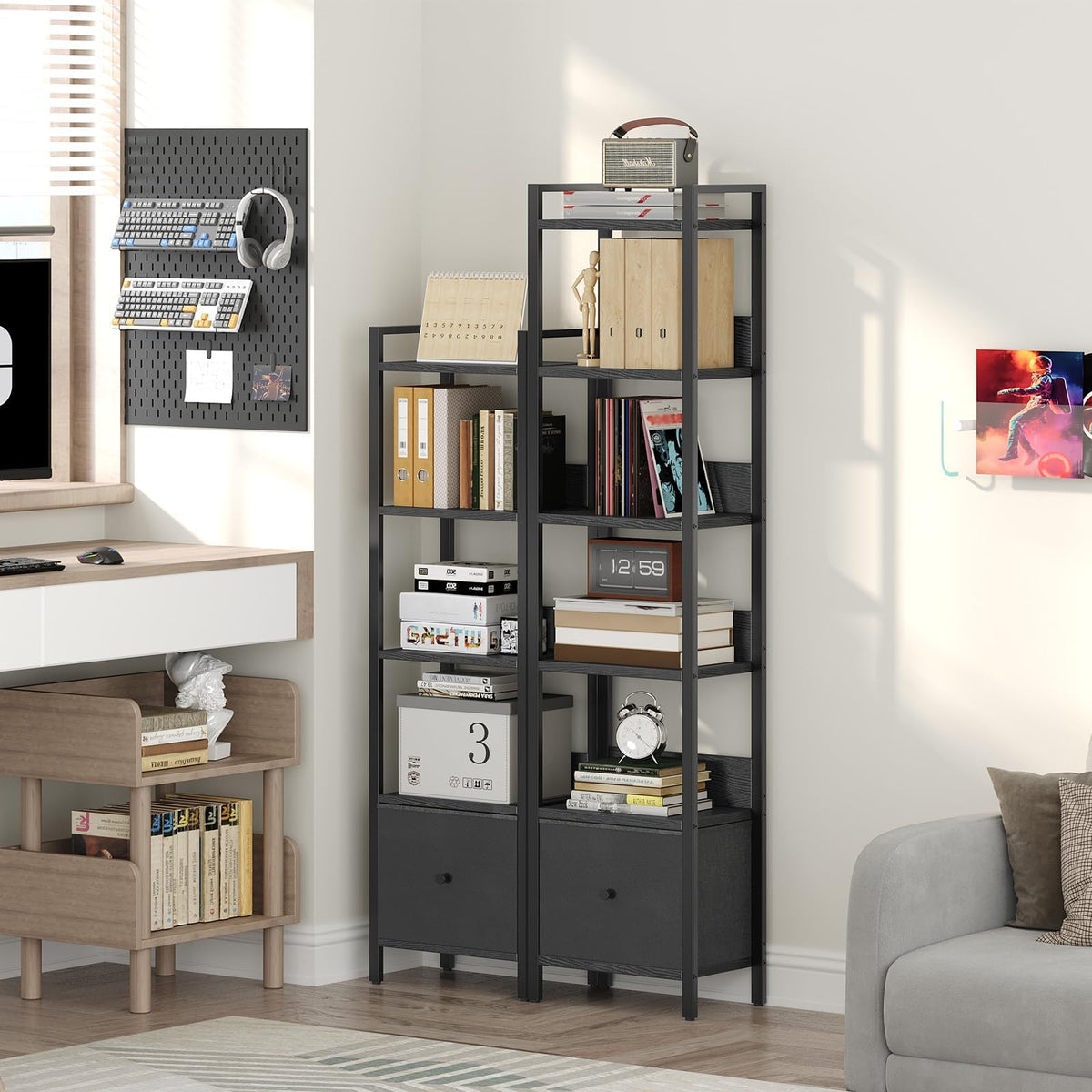 Black 5-Tier Bookshelf with Drawer U411204