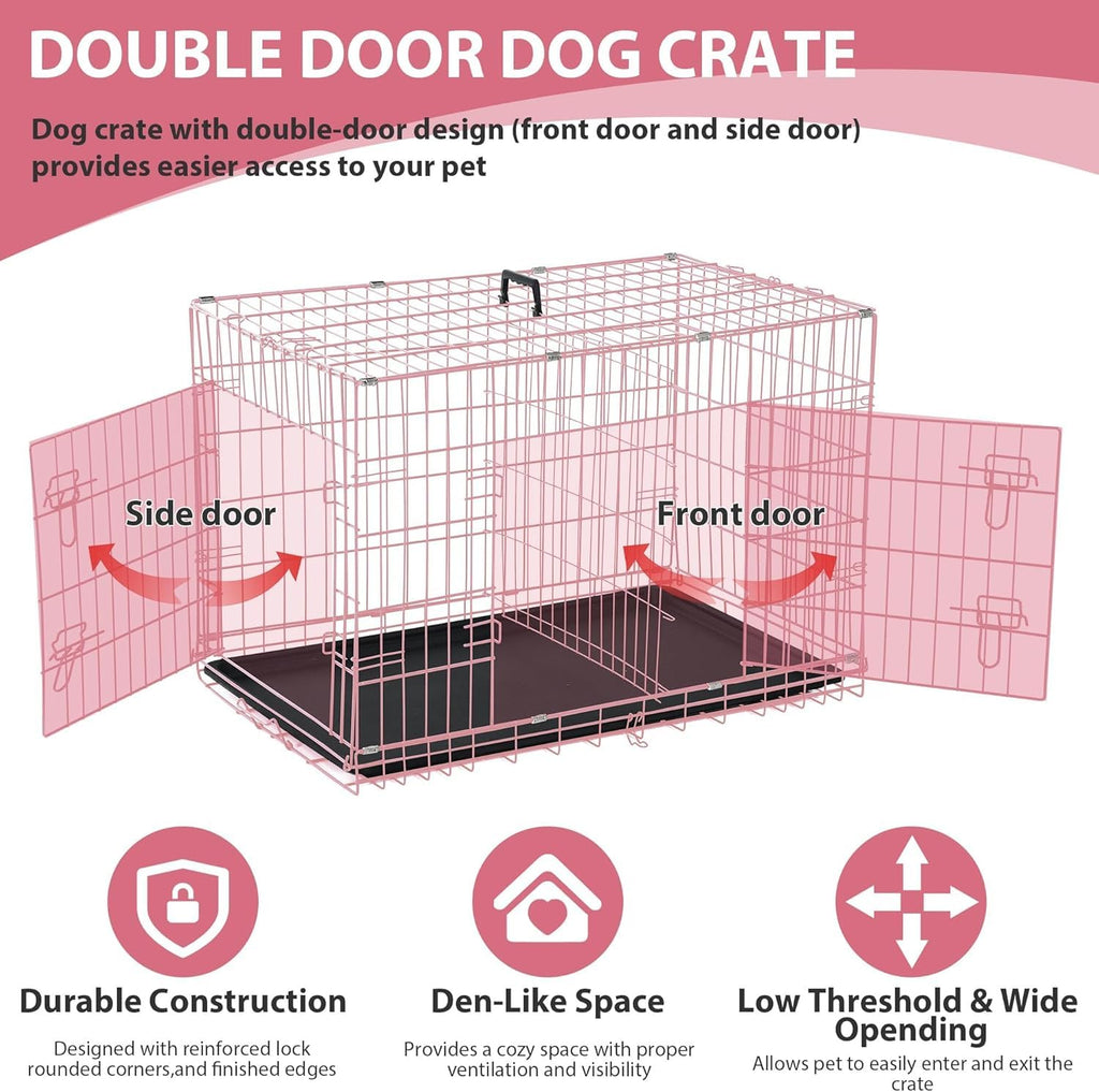 48 Inch Extra Large Pink Folding Metal Wire Dog Crate with Divider Panel F6087