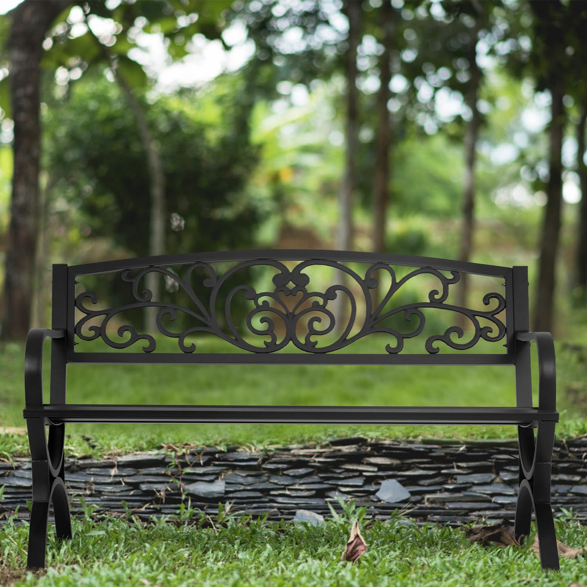 50" Outdoor Garden Bench Black 480lbs Load Capacity S6960