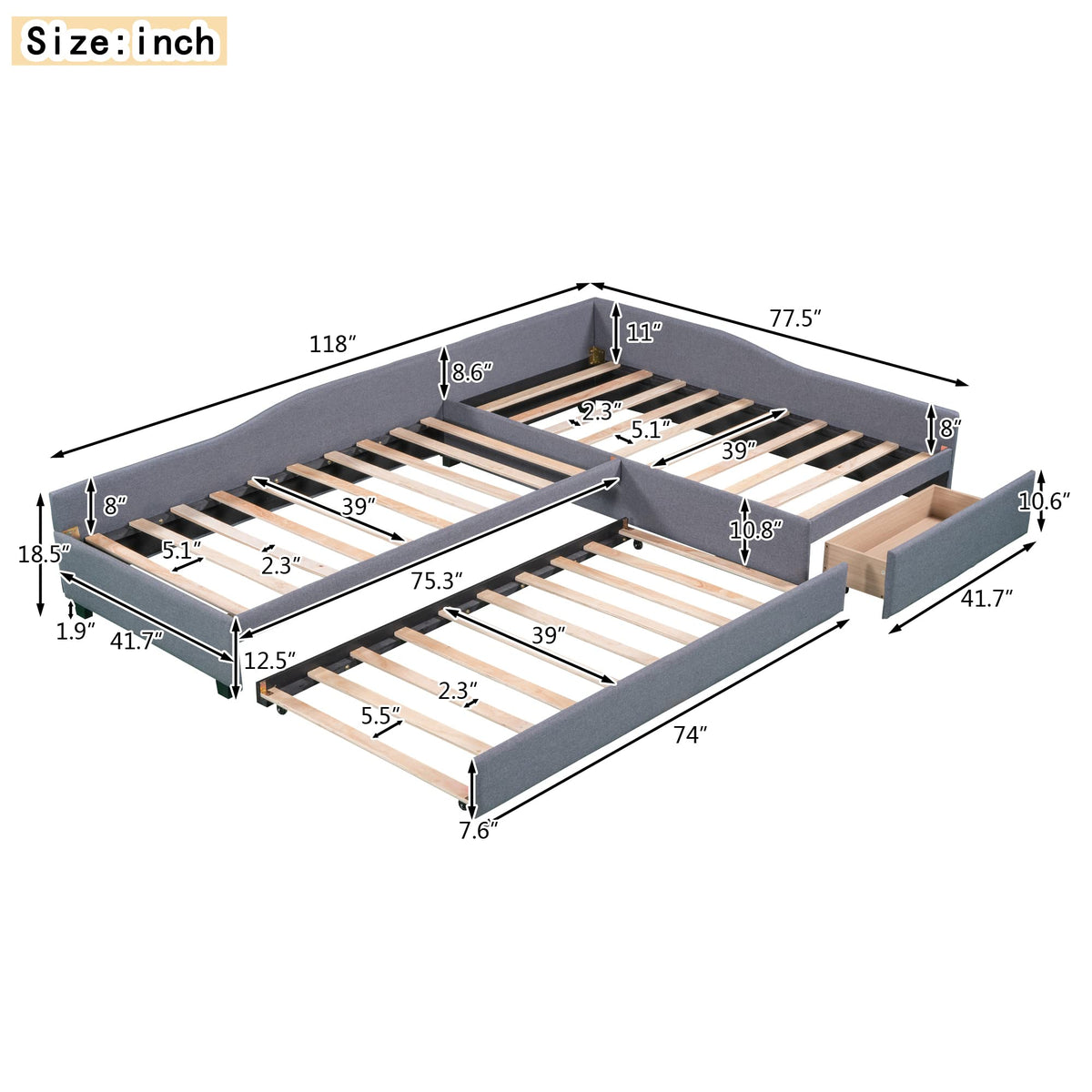 L Shaped Twin Daybed with Trundle and Storage Drawers T11125