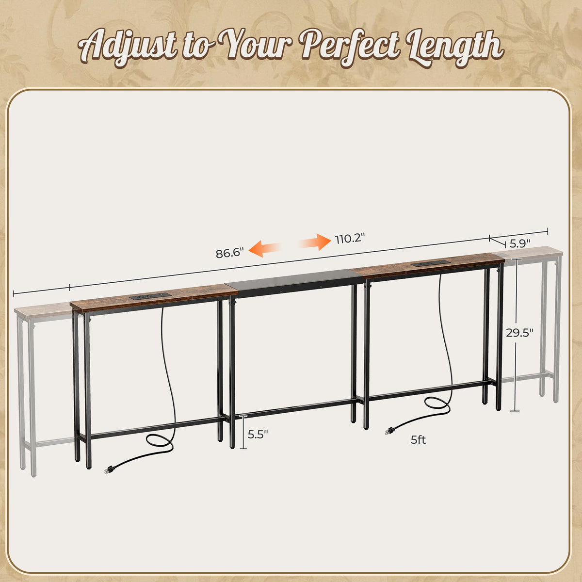 Narrow Sofa Table with 2 Power Outlets and USB-C Port A42671