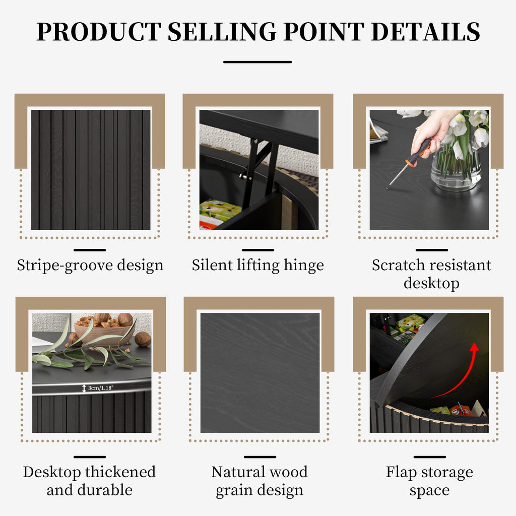 34.6" Fluted Round Lift Top Coffee Table with Hidden Storage, Black U84132