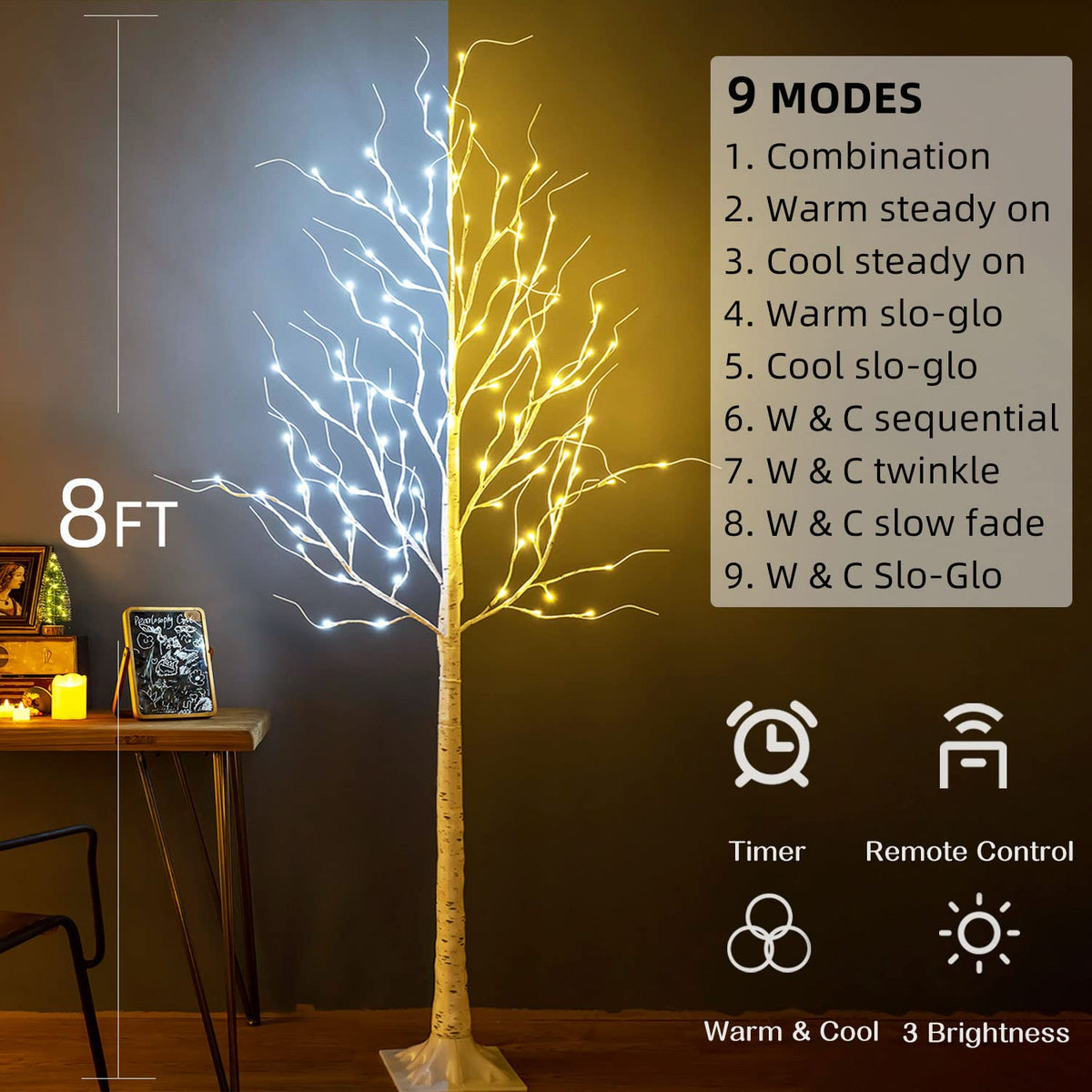 8ft 136LED Lighted Artificial Birch Tree with Timer P213