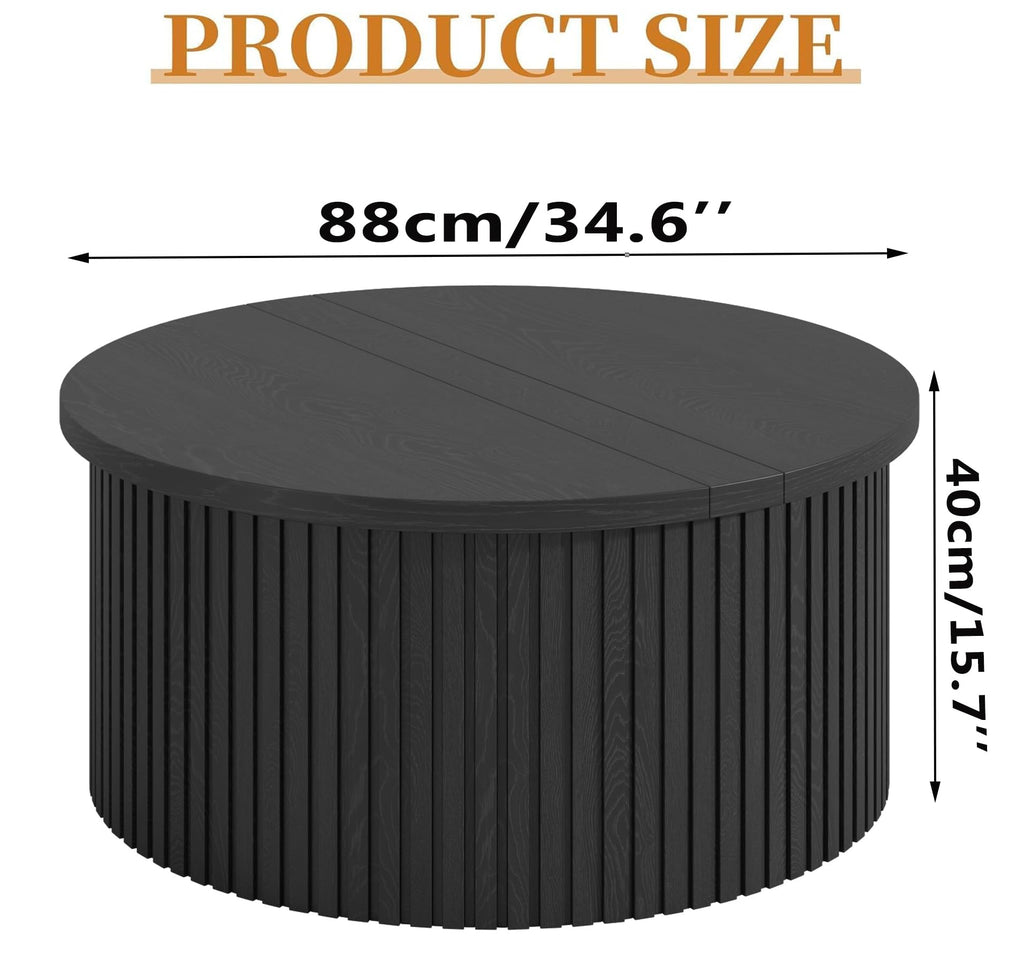 34.6" Fluted Round Lift Top Coffee Table with Hidden Storage, Black U84132