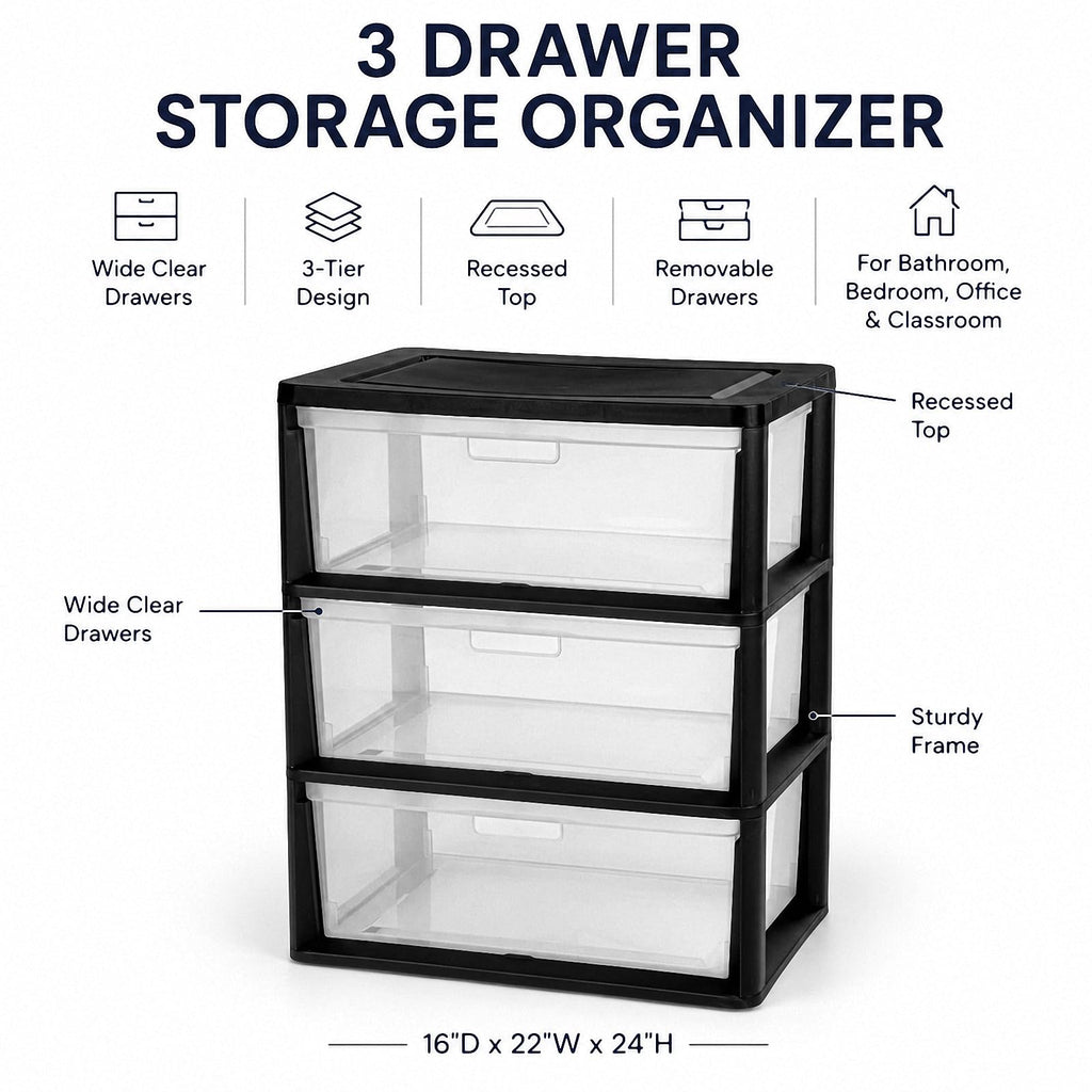 Black 3 Drawer Plastic Storage Tower T51291