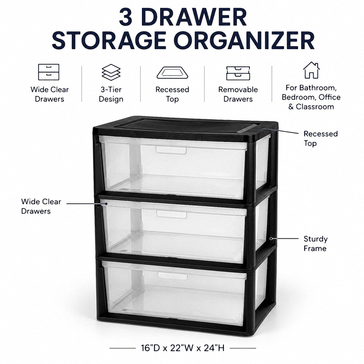 Black 3 Drawer Plastic Storage Tower T51291