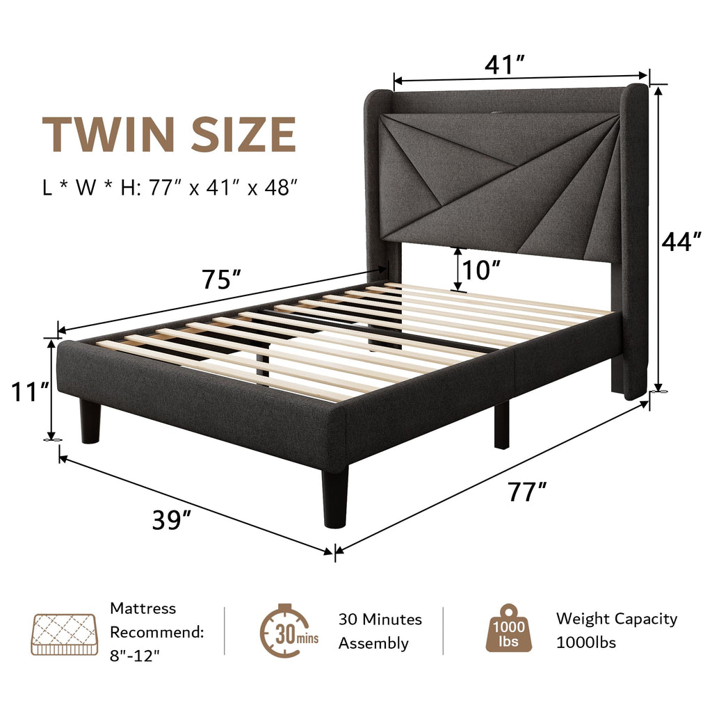 Twin Size Linen Platform Bed Frame with Wingback Upholstered Headboard E105879