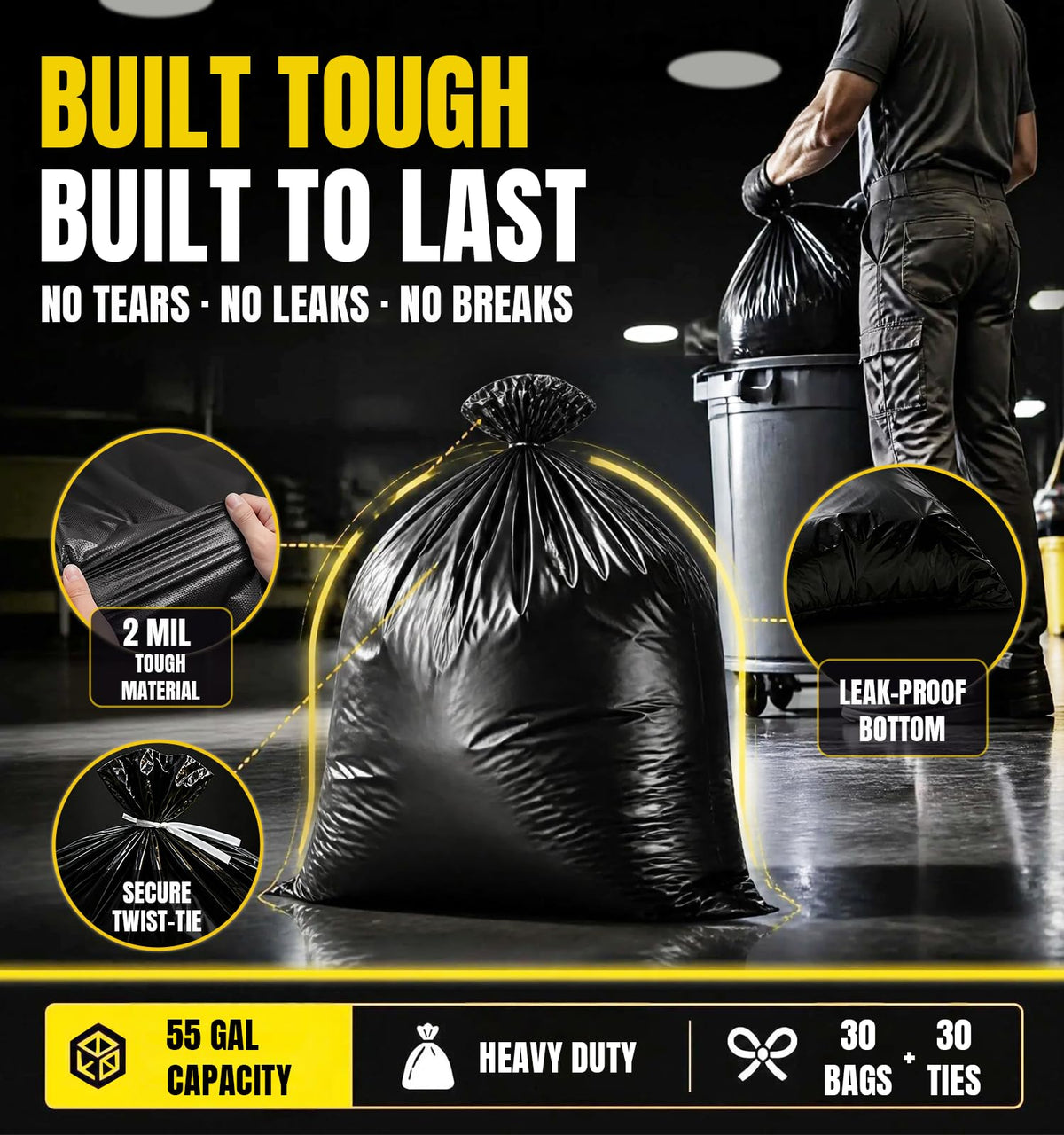 55 Gallon Heavy Duty 2 Mil Black Garbage Bags R99023