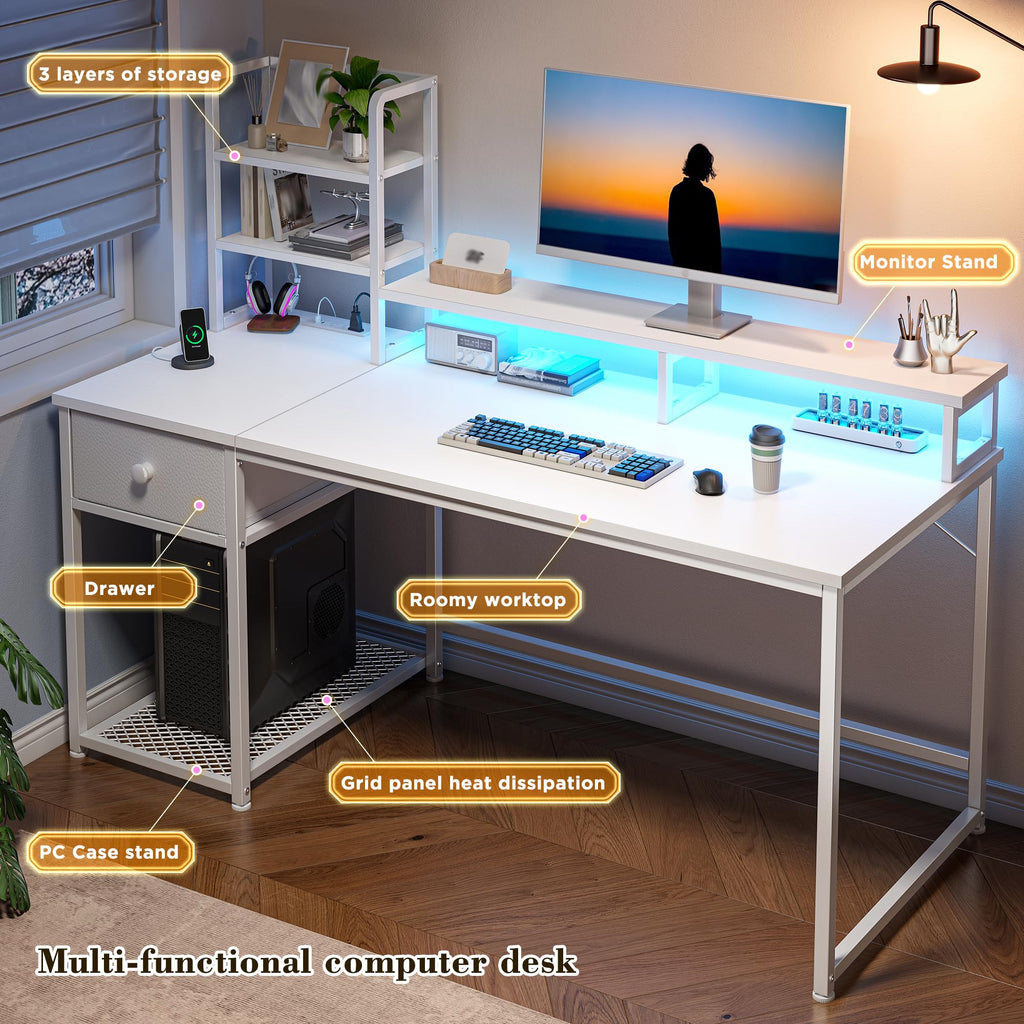 44" White Gaming Desk with Hutch & Shelves Q7594