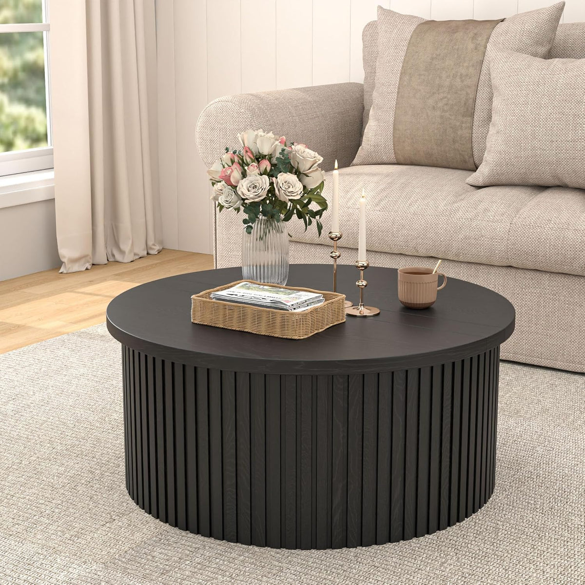 34.6" Fluted Round Lift Top Coffee Table with Hidden Storage, Black U84132