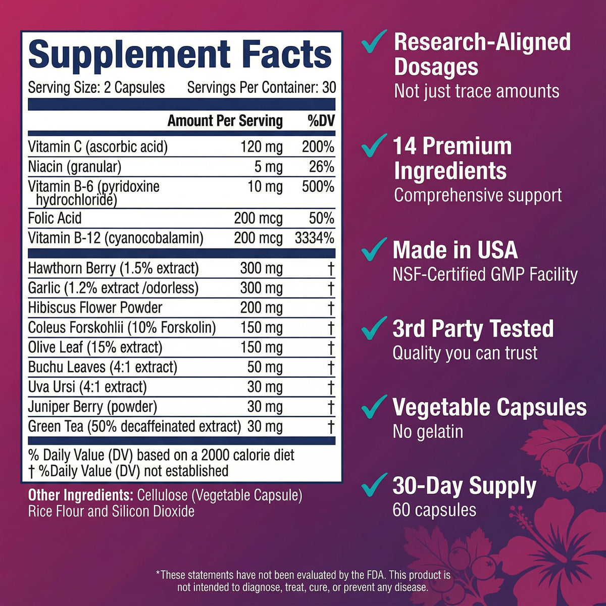 300mg Hawthorn 300mg Garlic 200mg Hibiscus 60 Vegetable Capsules M863198