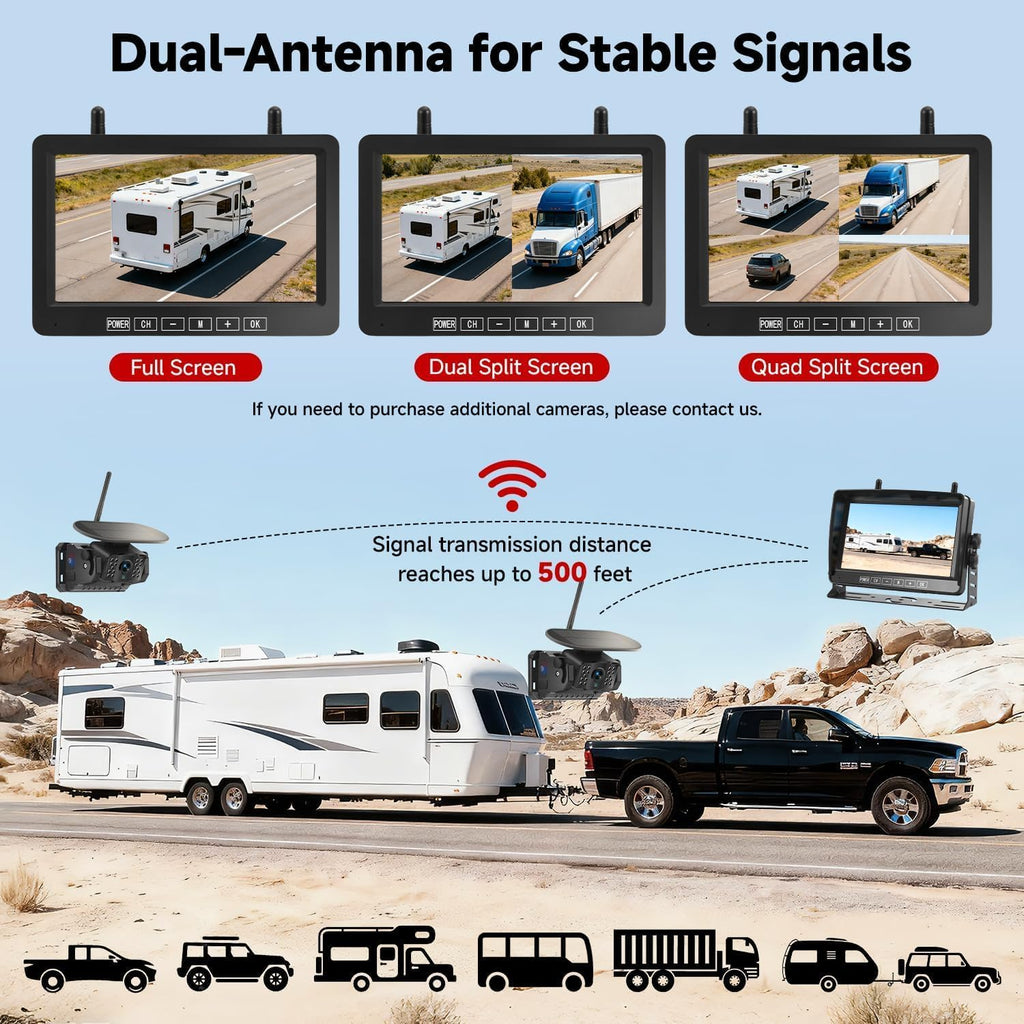 Dual Magnetic Wireless Backup Camera, 7” 1080P HD 4CH DVR Monitor W13143