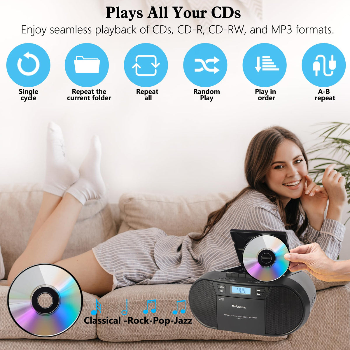 Portable CD Cassette Boombox with Bluetooth MP3 USB FM Radio J905065