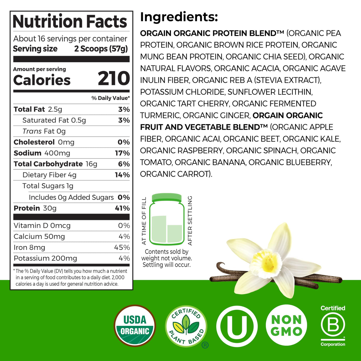 Organic Vegan 30g High Protein Powder Vanilla 2.01 lb V384198