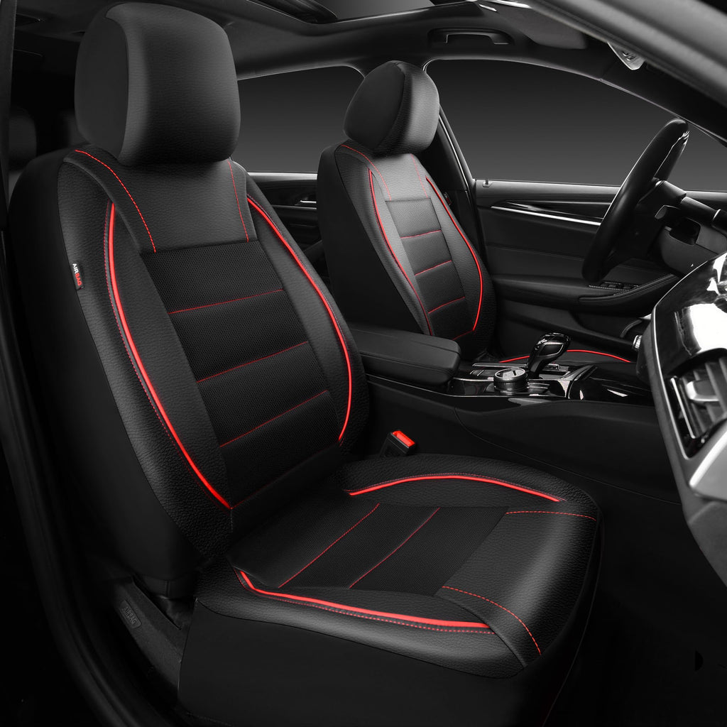 Black Red Faux Leather Front Seat Covers D488549