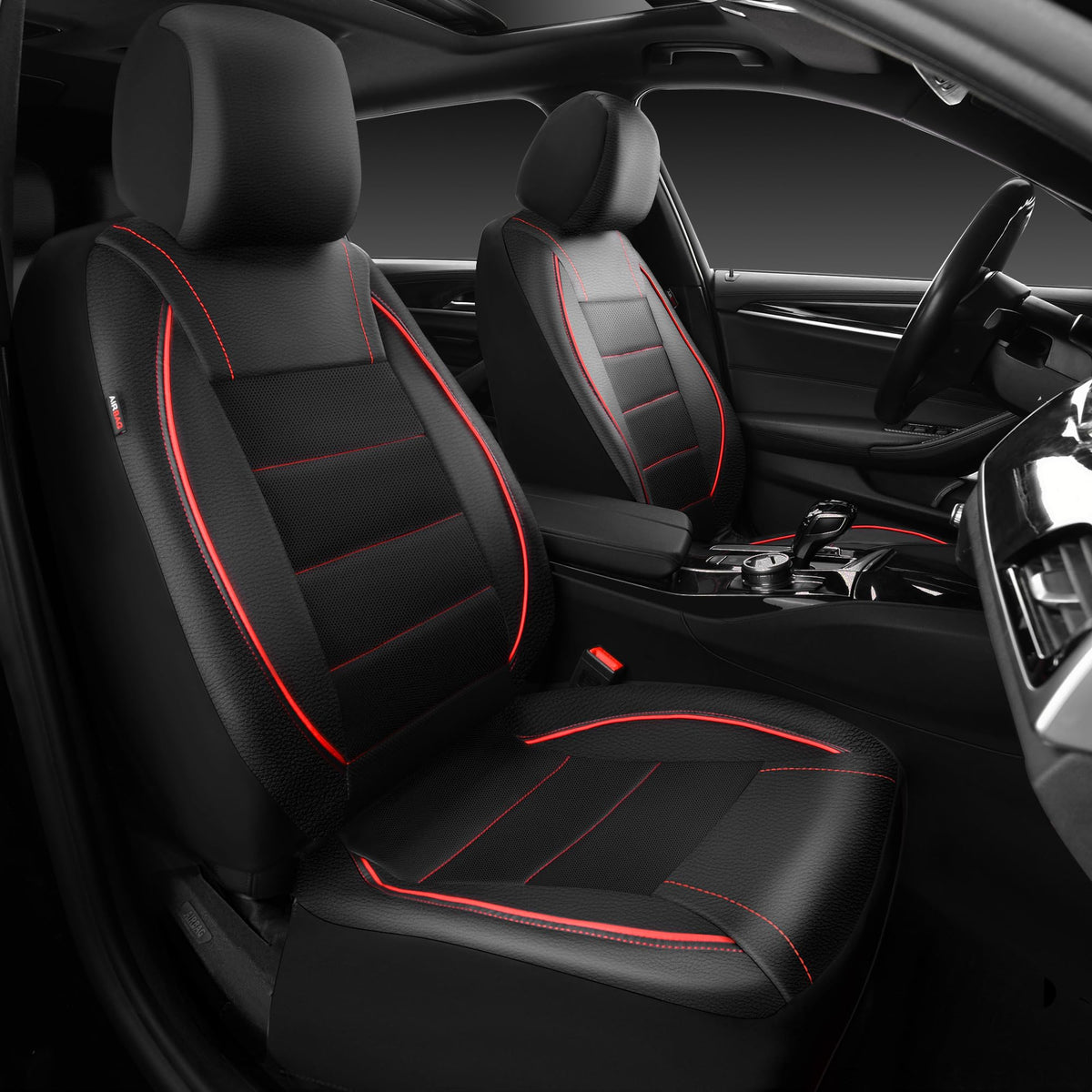 Black Red Faux Leather Front Seat Covers D488549