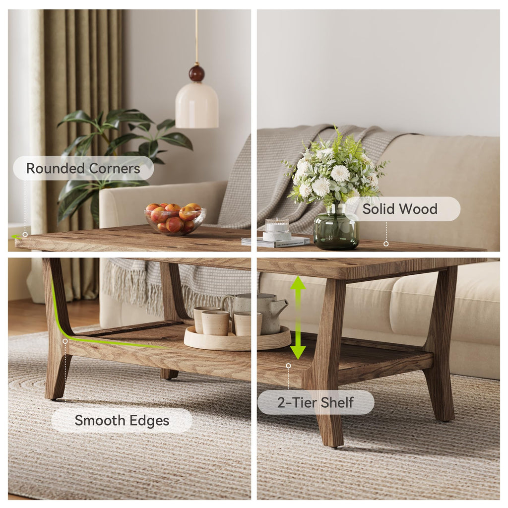 Solid Wood Coffee Table with Storage, 2-Tier Shelf S778134