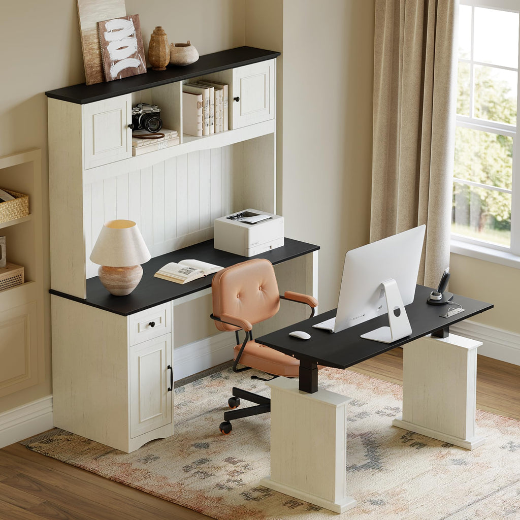 L Shaped Electric Standing Desk with Hutch and Drawers, Antique White P3241