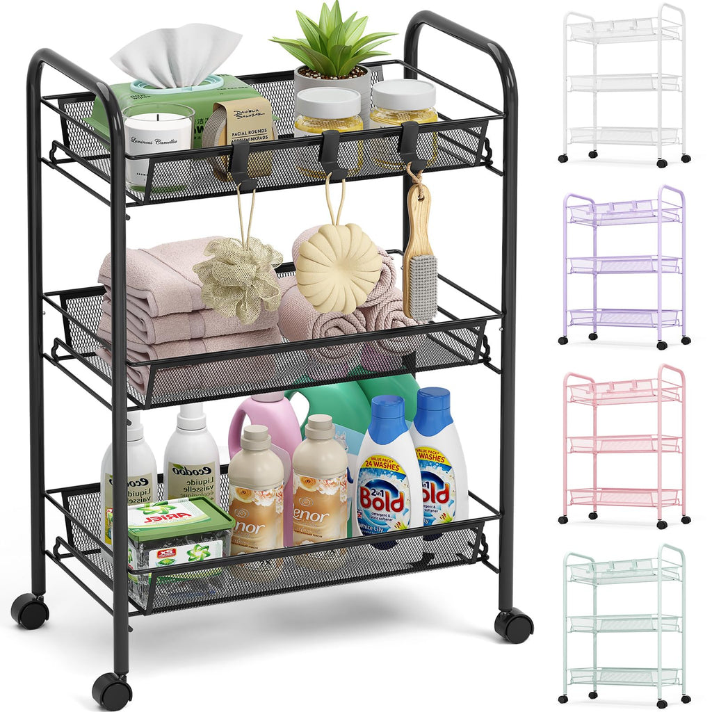 3 Tier Rolling Metal Storage Cart with Wheels, Black S1442