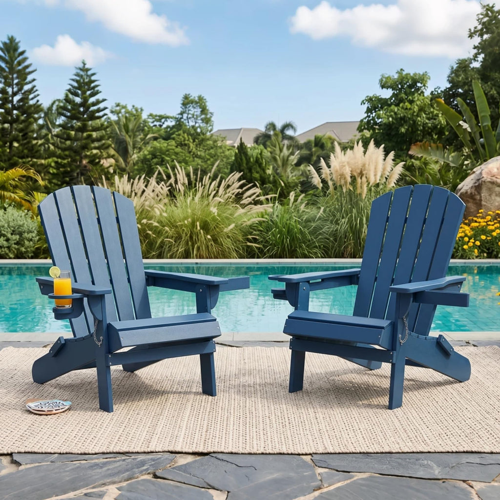 Folding Adirondack Chair Set of 2 with Cup Holder Navy Blue U258531