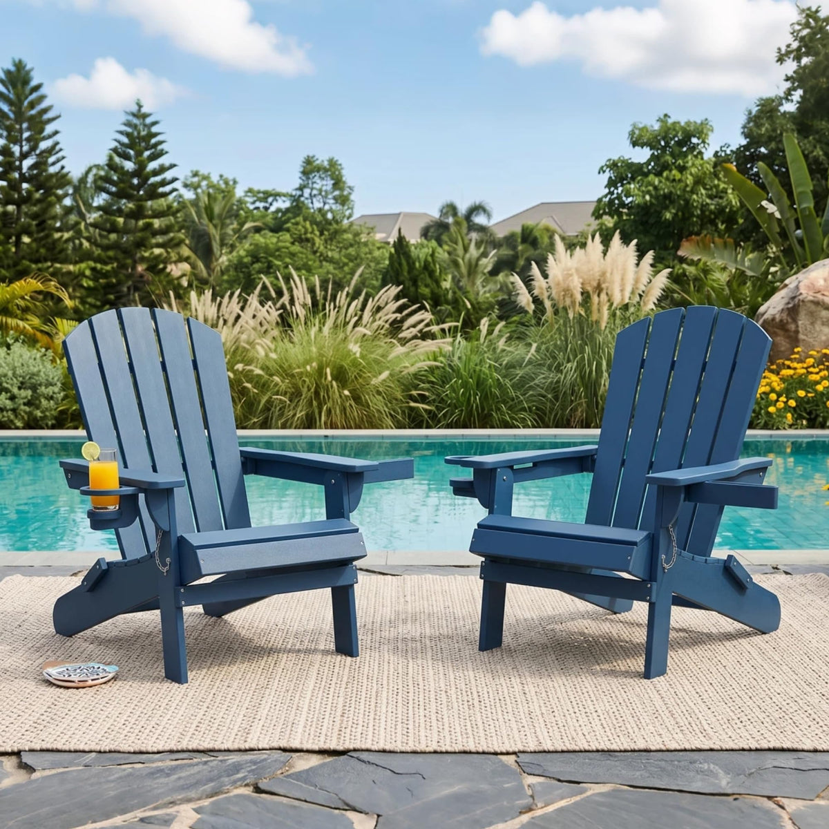 Folding Adirondack Chair Set of 2 with Cup Holder Navy Blue U258531