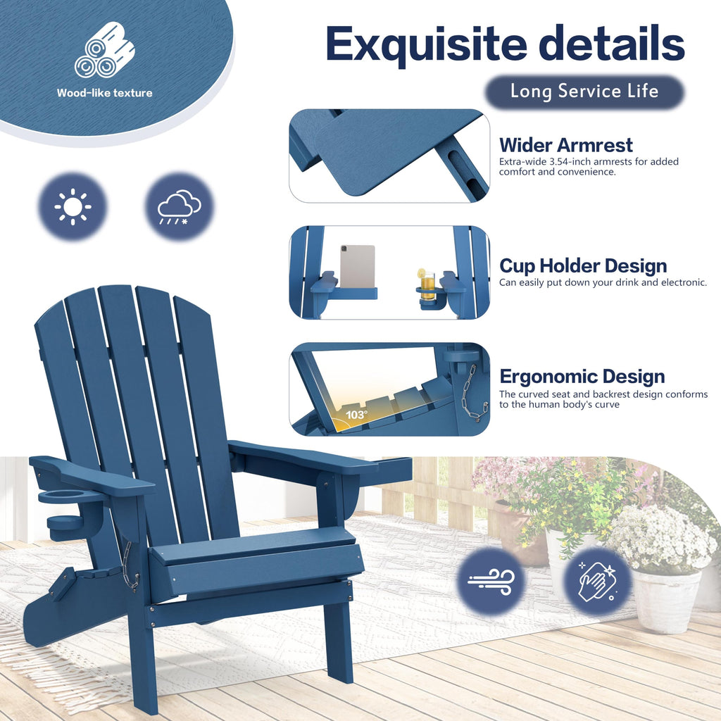 Folding Adirondack Chair Set of 2 with Cup Holder Navy Blue U258531