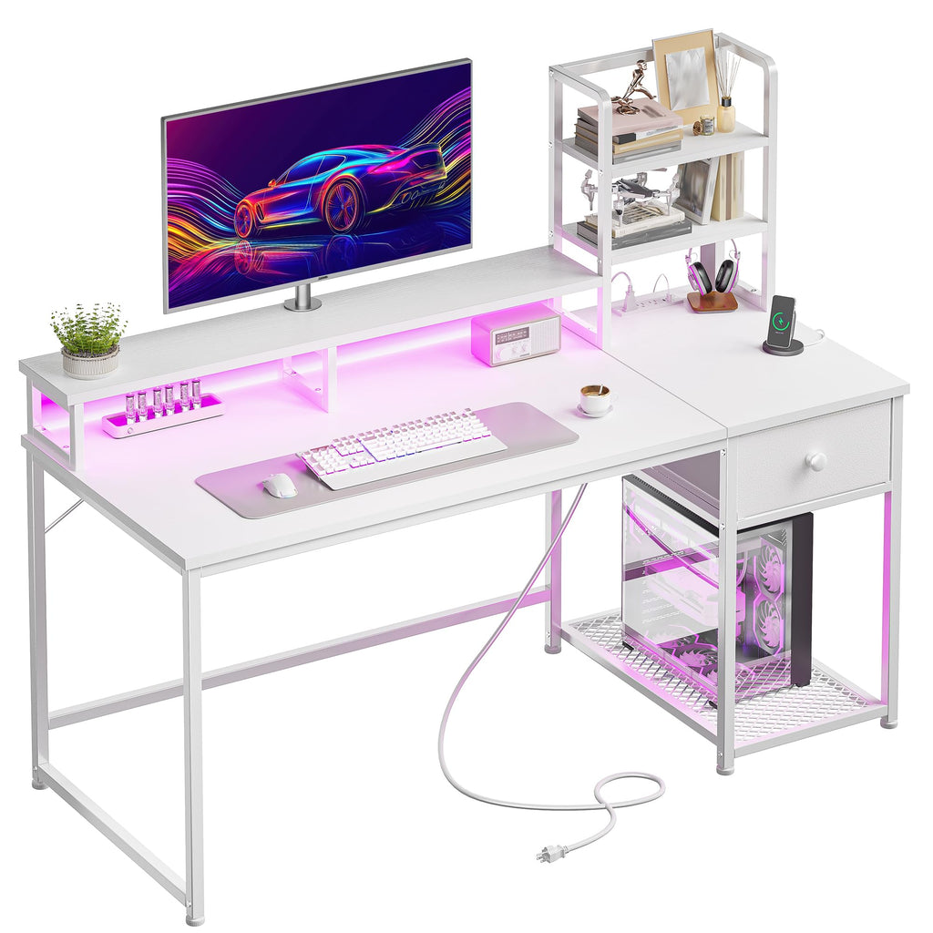 44" White Gaming Desk with Hutch & Shelves Q7594