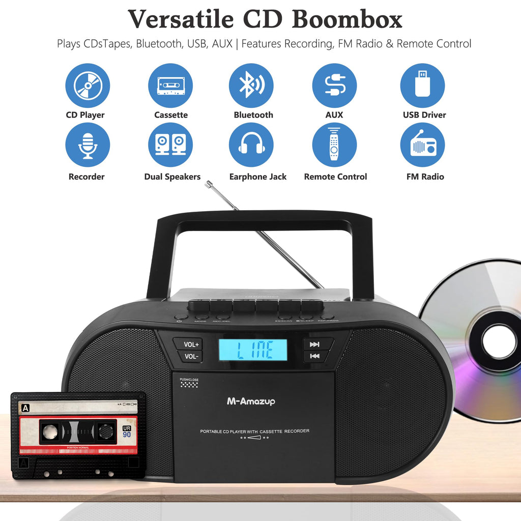 Portable CD Cassette Boombox with Bluetooth MP3 USB FM Radio J905065