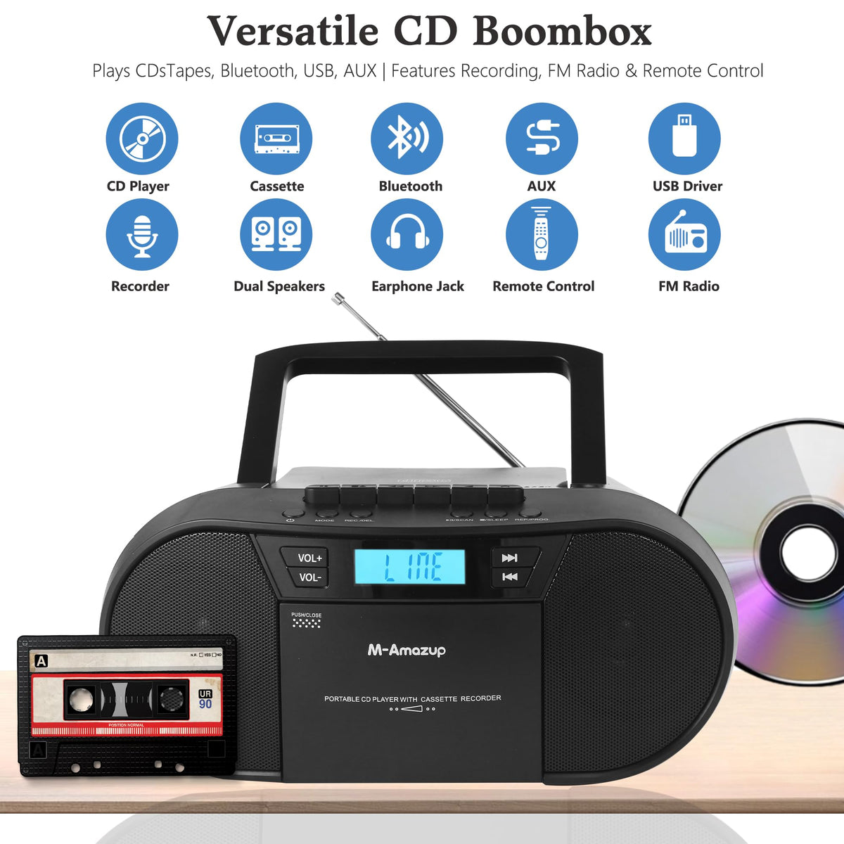 Portable CD Cassette Boombox with Bluetooth MP3 USB FM Radio J905065