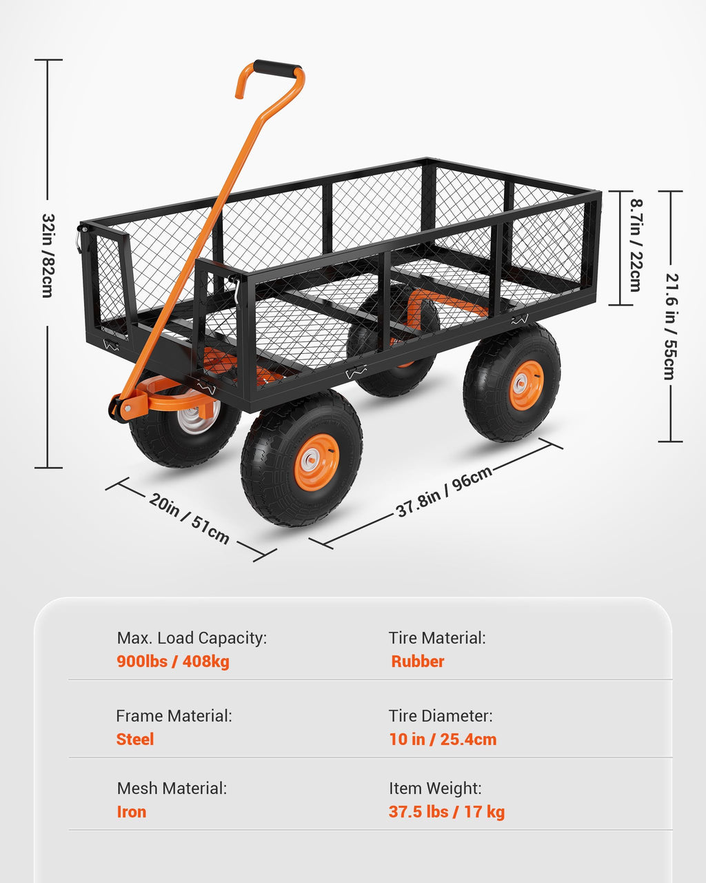 Heavy Duty Steel Garden Cart 900 LBS Capacity 3 in 1 Pullable Wagon with 10 in Wheels D9993