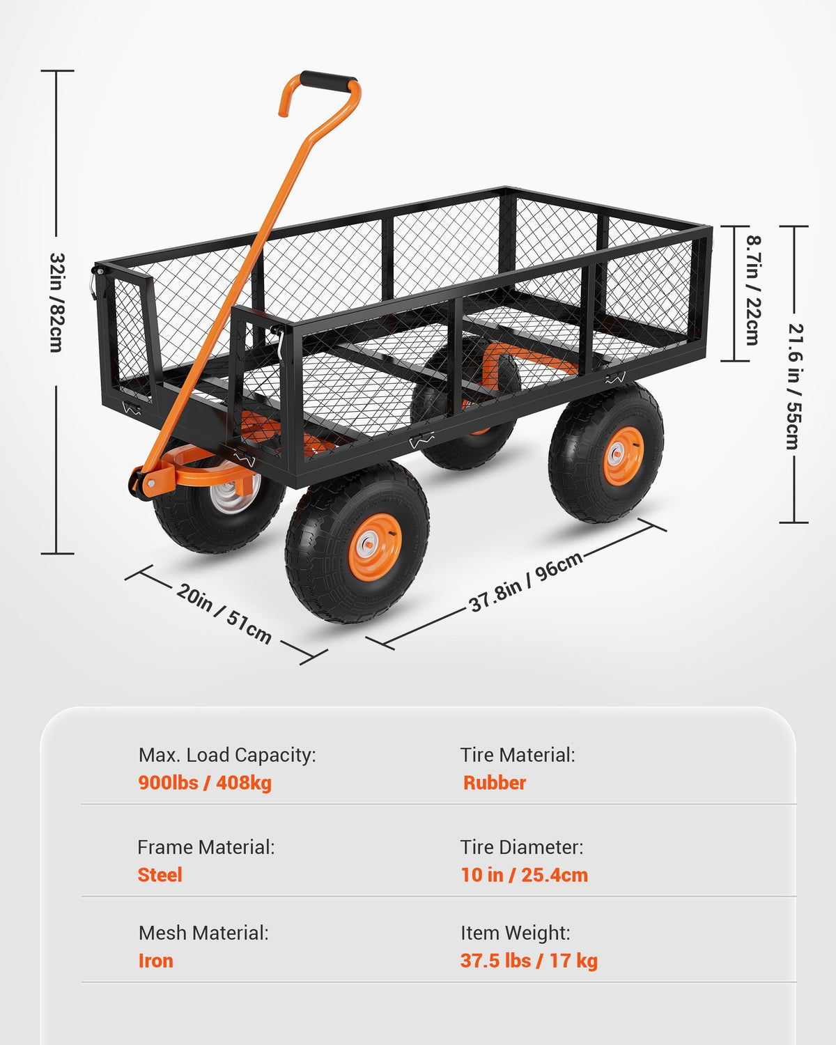 Heavy Duty Steel Garden Cart 900 LBS Capacity 3 in 1 Pullable Wagon with 10 in Wheels D9993