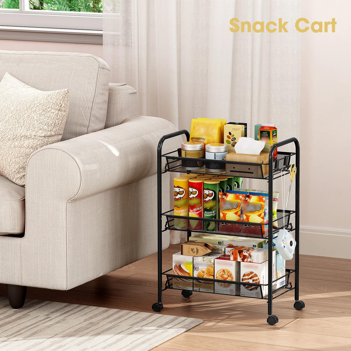 3 Tier Rolling Metal Storage Cart with Wheels, Black S1442
