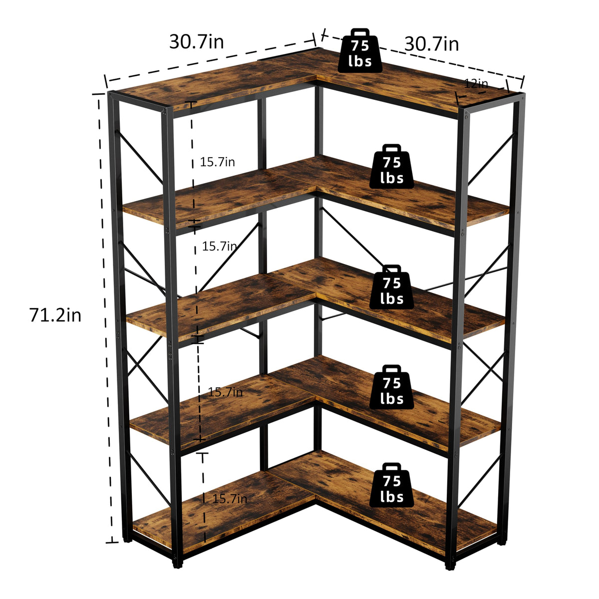5 Tier L Shaped Corner Bookshelf L74862