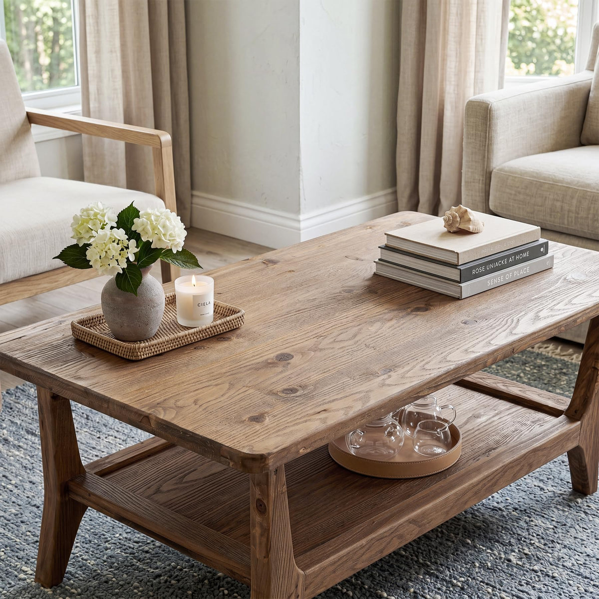 Solid Wood Coffee Table with Storage, 2-Tier Shelf S778134