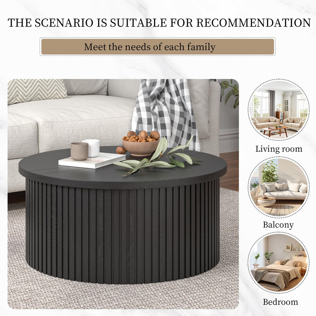 34.6" Fluted Round Lift Top Coffee Table with Hidden Storage, Black U84132