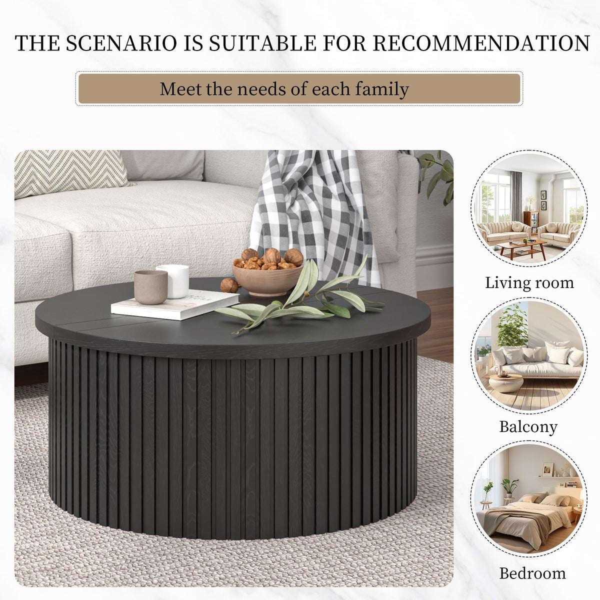 34.6" Fluted Round Lift Top Coffee Table with Hidden Storage, Black U84132