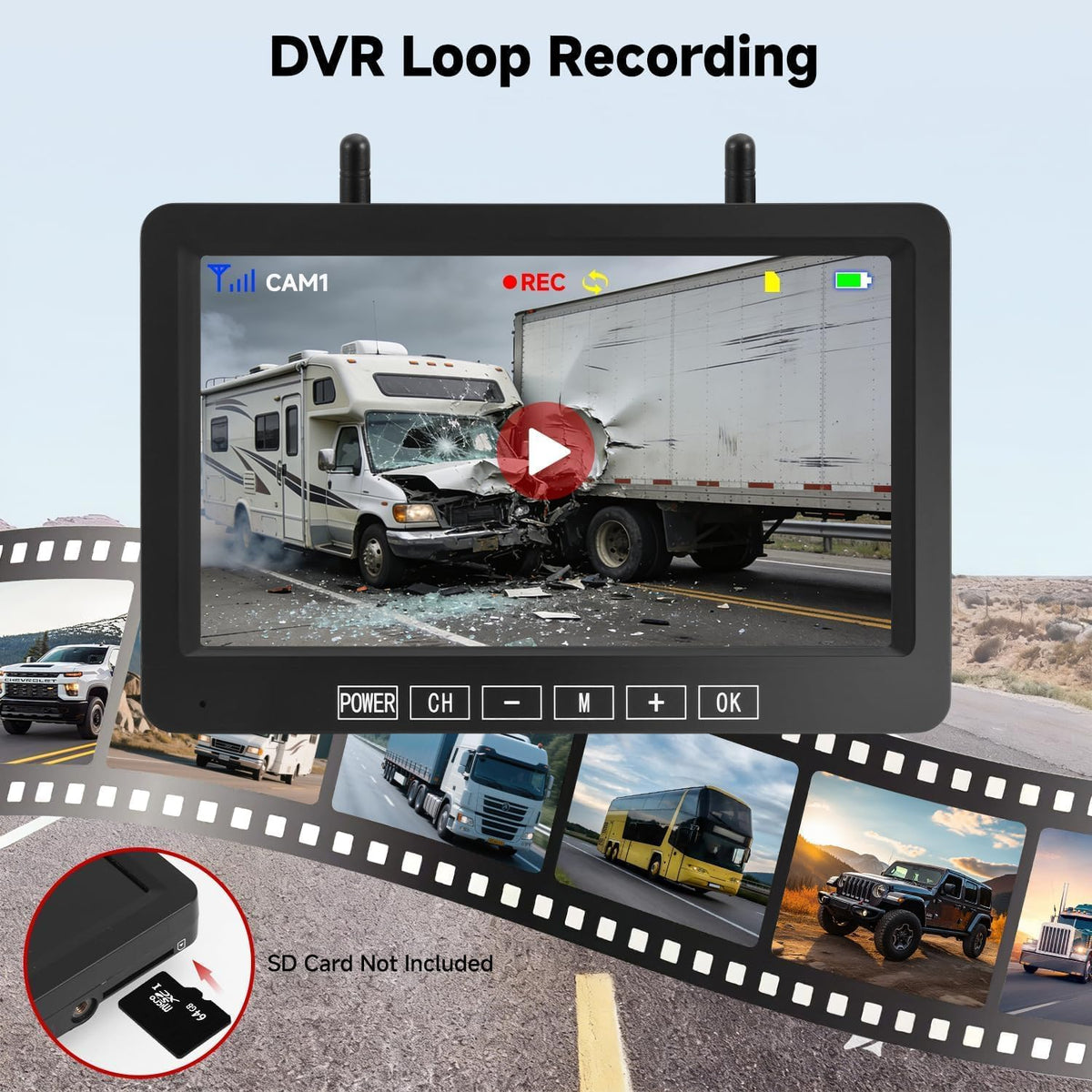 Dual Magnetic Wireless Backup Camera, 7” 1080P HD 4CH DVR Monitor W13143
