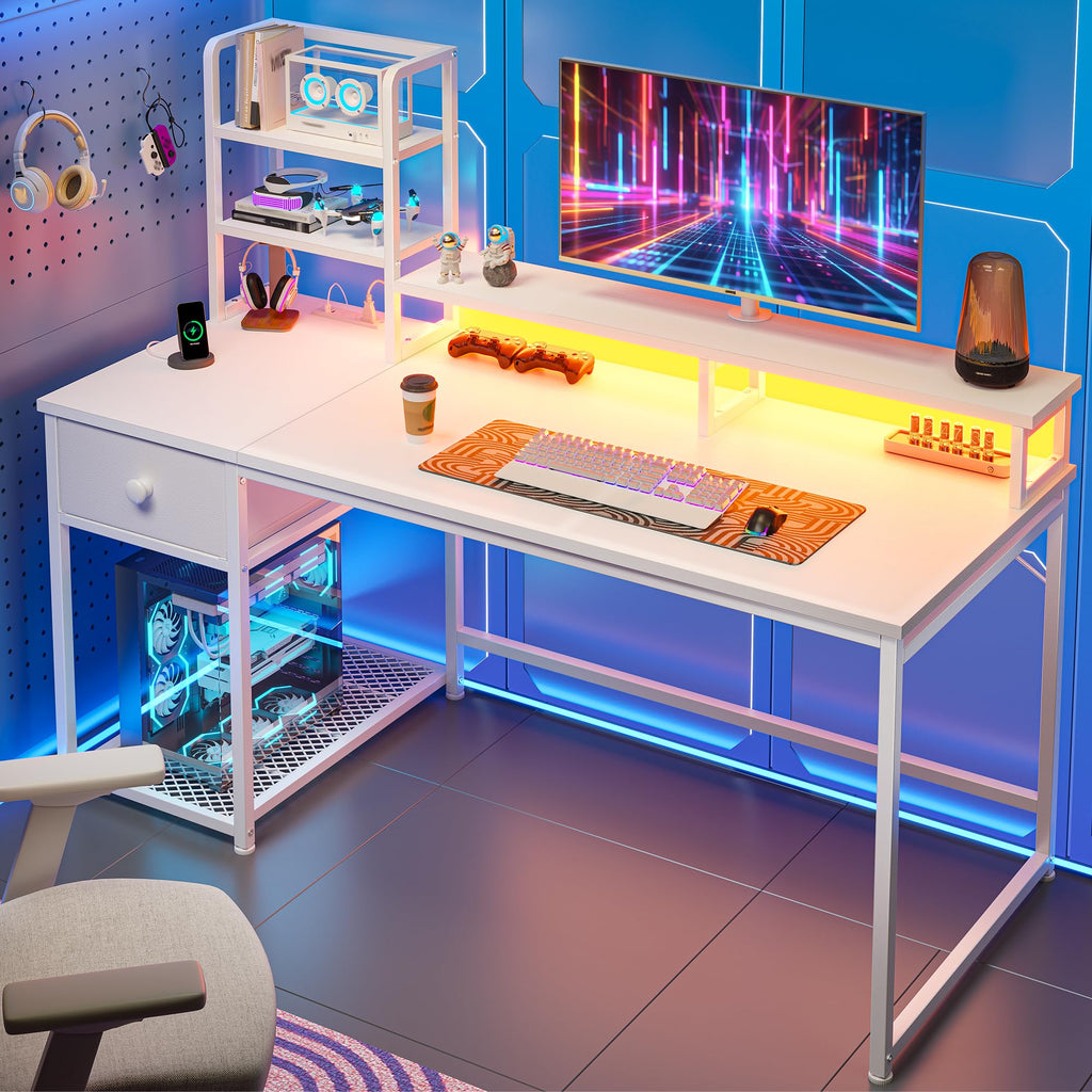 44" White Gaming Desk with Hutch & Shelves Q7594