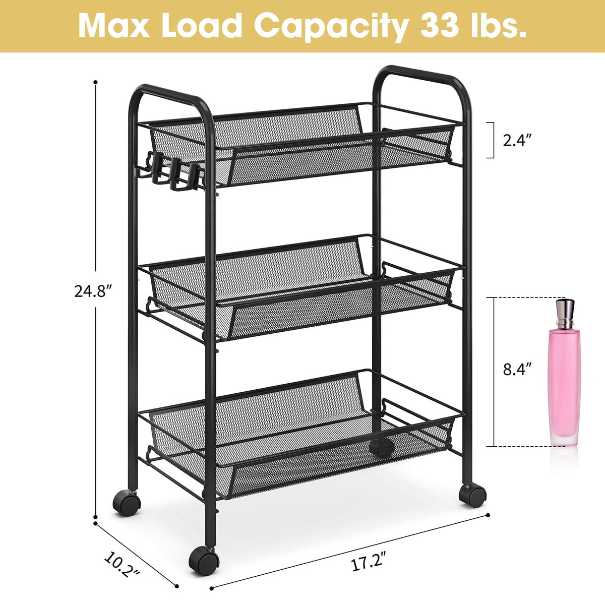 3 Tier Rolling Metal Storage Cart with Wheels, Black S1442